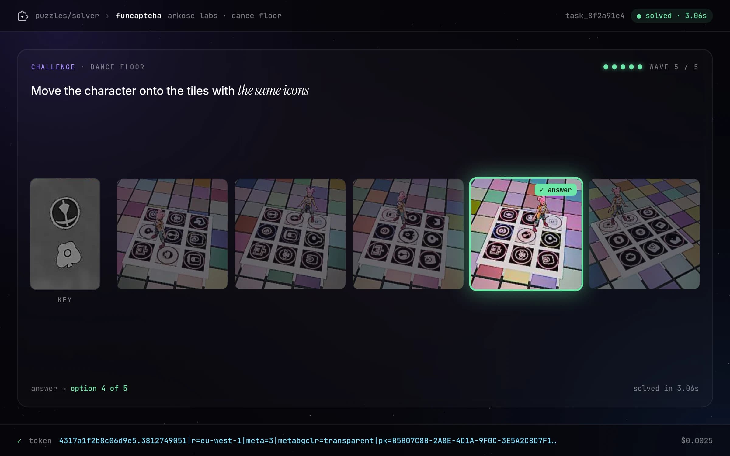 A FunCaptcha dance floor wave with five boards; the board Puzzles answered is highlighted.